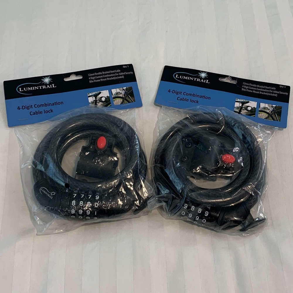 Set of 2 Lumintrail Combination Bike Lock Cables with Mounting Brackets